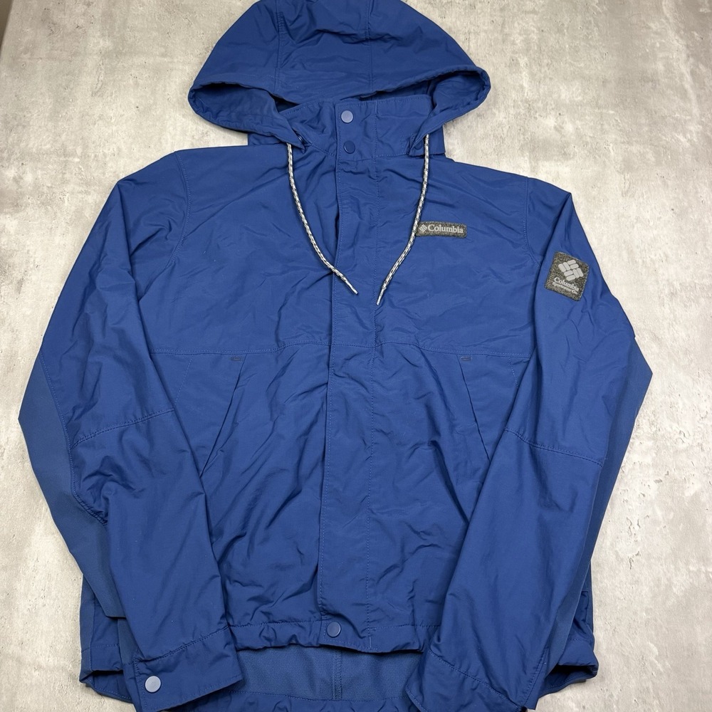 Columbia Men's Snap Up Hooded Windbreaker Rain Jacket Blue Tech Patch Size M